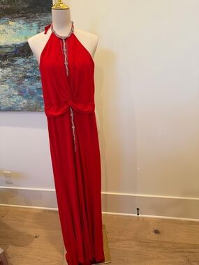 Nicole Bakti Red Halter Maxi Gown with Rhinestone Accents Size S